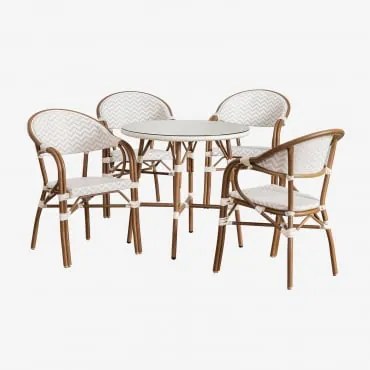 Conjunto De Mesa Redonda Ø80 Cm E 4 Cadeiras De Jantar Empilháveis Com Apoios De Braços Em Alumínio Brielle Bistro Nude Beige - Gardénia Branco -