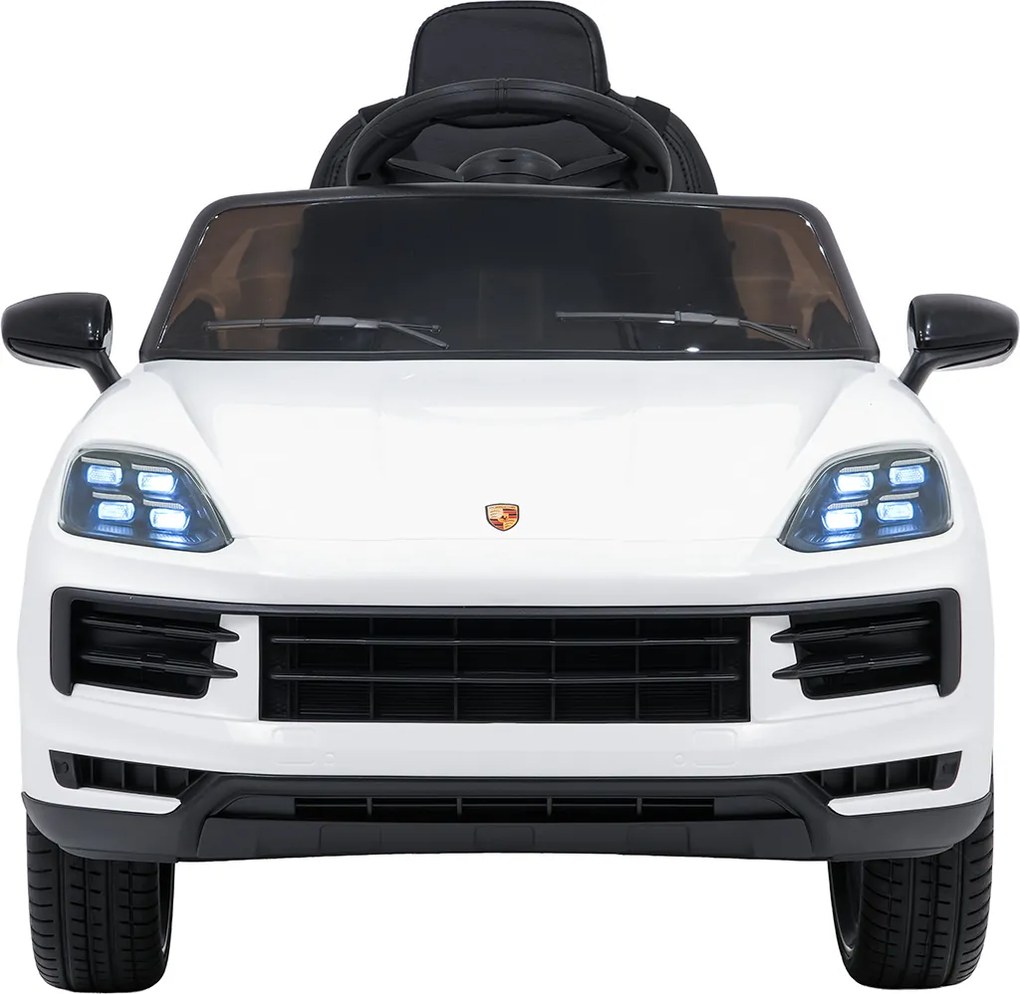 Carro elétrico para Crianças 2 a 5 anos 12V Porsche Cayenne, Rodas de espuma EVA, Controlo Remoto, assento Couro ecológico preto Branco