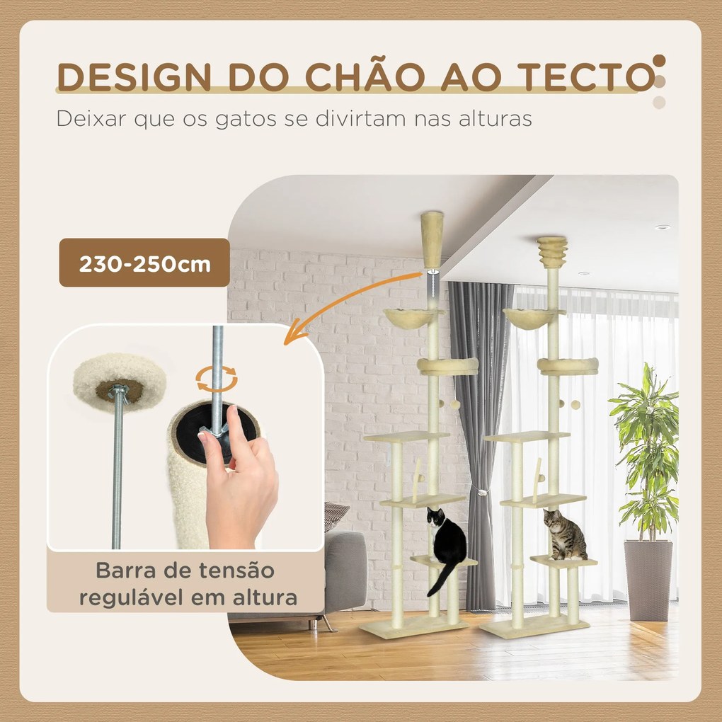 PawHut Arranhador para Gatos do Solo ao Teto de 230-250 cm Arranhador