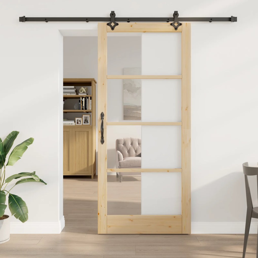 Porta Deslizante vidaXL com Conjunto de Ferragens 93x211 cm de Madeira Sólida de Pinho