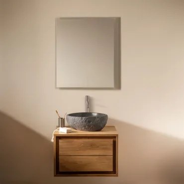 Conjunto De Móvel De Casa De Banho Suspenso Em Madeira De Teca Jabari Madeira De Teca & Irregular Em Cimento Preto ↔︎40 Cm - Sklum