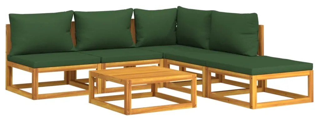 6 pcs conj. lounge jardim madeira c/almofadões verdes