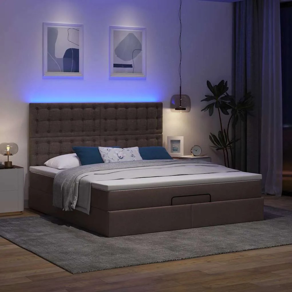 Estrutura de cama otomana com colchão tecido castanho escuro