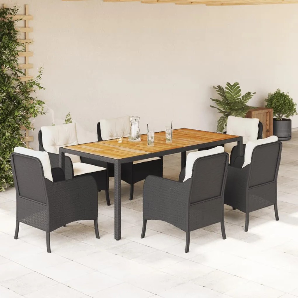 vidaXL 7 pcs conjunto de jantar p/ jardim c/ almofadões vime PE preto