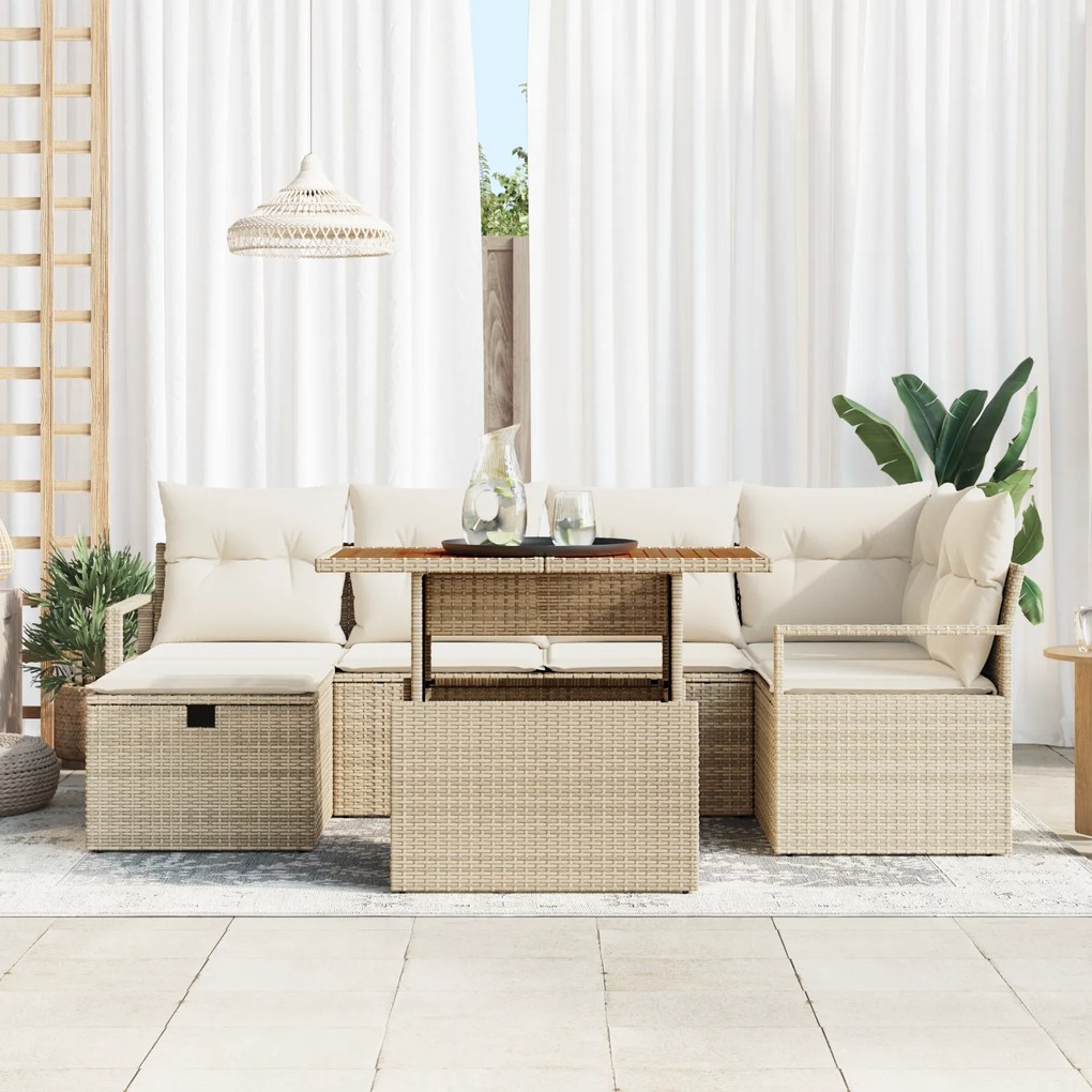 Conjunto de Sofá de Jardim com Almofadas em Rattan Poliéster Bege