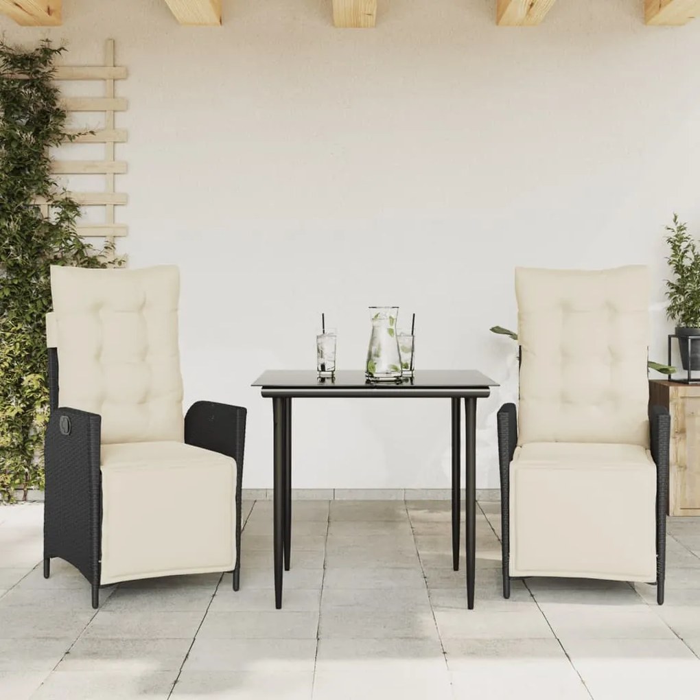 3 pcs conjunto de jantar p/ jardim c/ almofadões vime PE preto