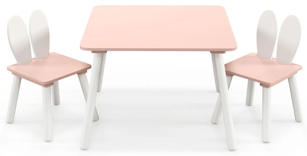 Conjunto de mesa e cadeiras para crianças Mesa quadrada 2 cadeiras desenho coelhos Rosa