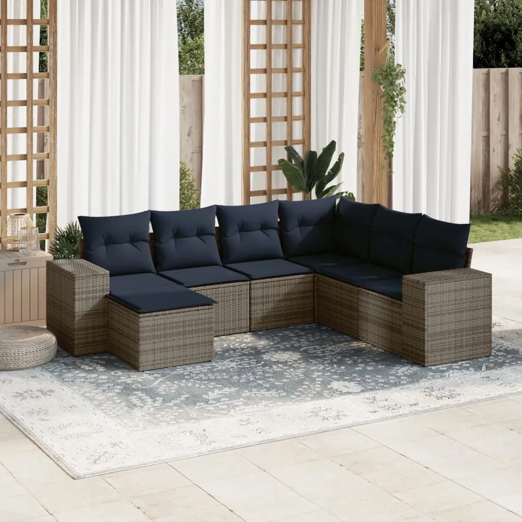 vidaXL 7 pcs conjunto sofás p/ jardim c/ almofadões vime PE cinzento