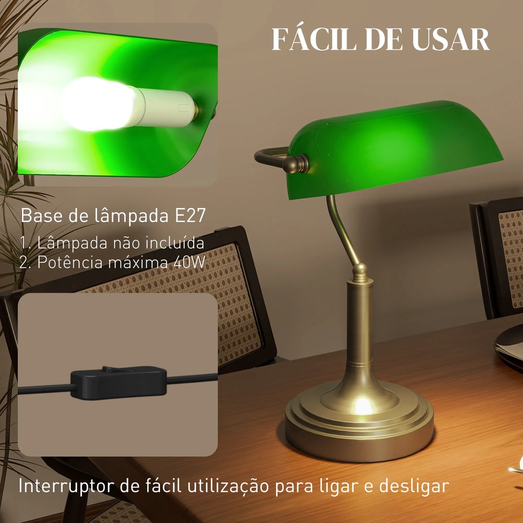 Candeeiro de Mesa Banqueiro Candeeiro de Mesa Vintage E27 com Ecrã Orientável a 45° 26,8x22x39,5 cm Verde