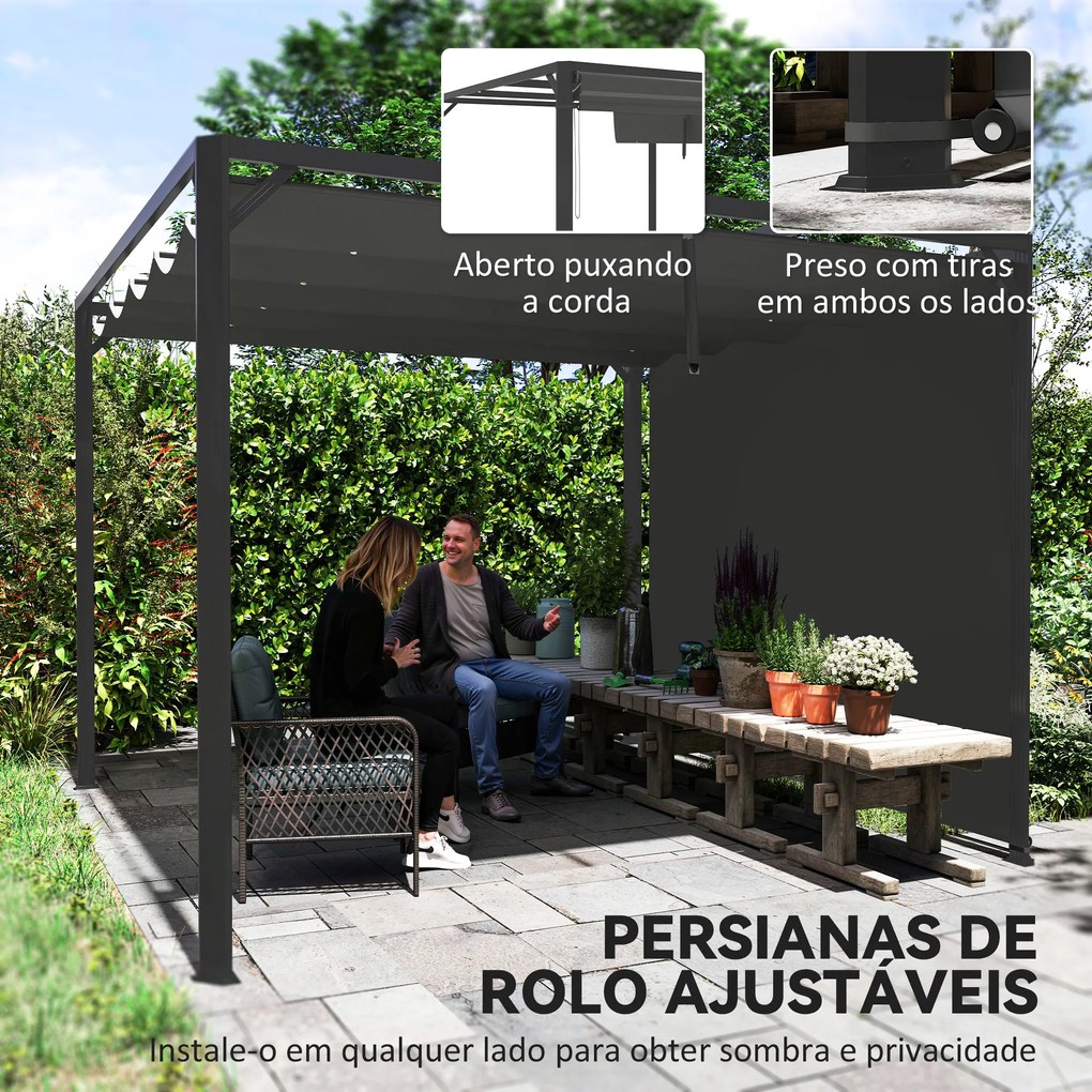 Pérgola de Jardim de Alumínio 3x3 m com Teto Retrátil e Lateral Enrolável UPF30+ Pérgola para Exterior Cinza