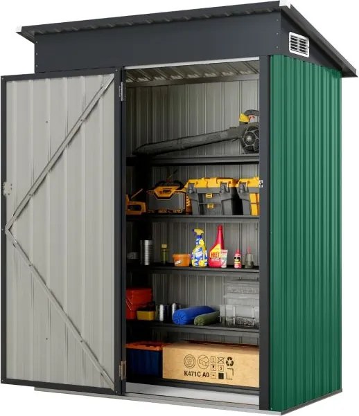 Abrigo jardim 150 x 88 x 185 cm com telhado inclinado Portas com fechadura Ventilação Pátio Jardim Verde