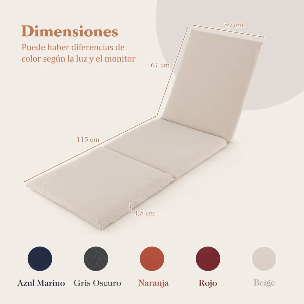 Almofada para espreguiçadeira de exterior 182 x 59 cm com tiras de fixação Fecho de gancho e laço Bege