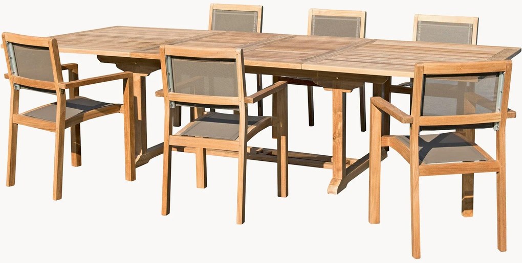 Conjunto de jantar para jardim em madeira de teca com orifício para guarda-sol Fun, conjunto de 7