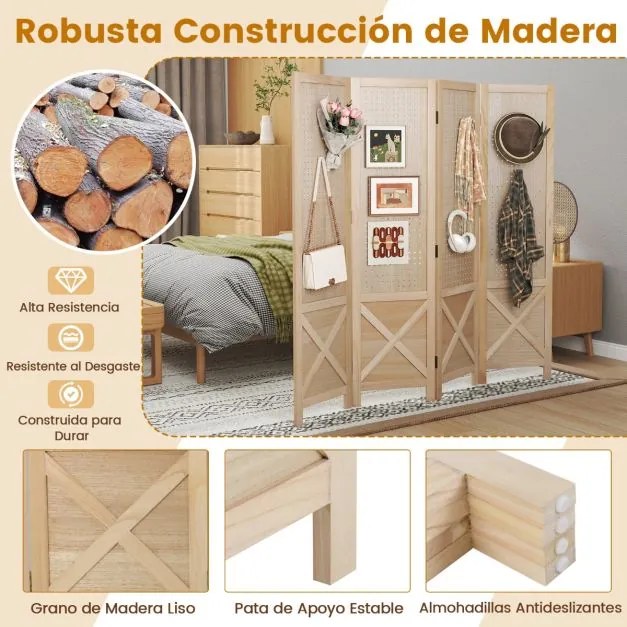 Biombo dobrável de 4 painéis com moldura em madeira maciça, portátil cor natural