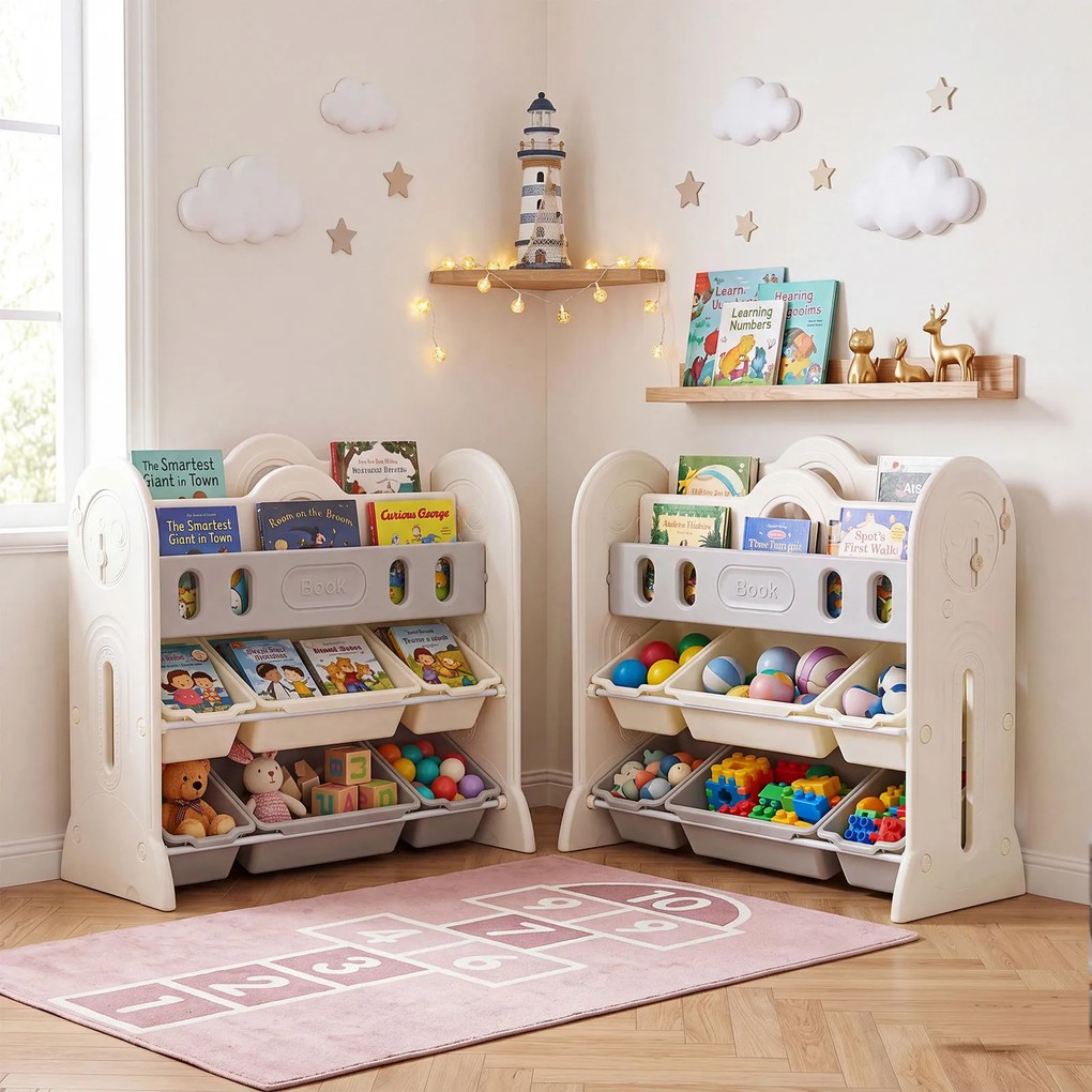 Estante Infantil para Livros e Brinquedos com Design de Astronauta, 85 x 41 x 84 cm, 6 Caixas Removíveis, Cinzento + Branco