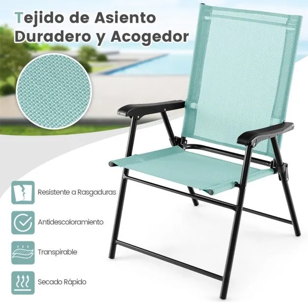 Conjunto de 4 cadeiras de jardim dobráveis e portáteis com encosto em tecido Estrutura metálica para terraço de piscina 65 x 60 x 93 cm Verde
