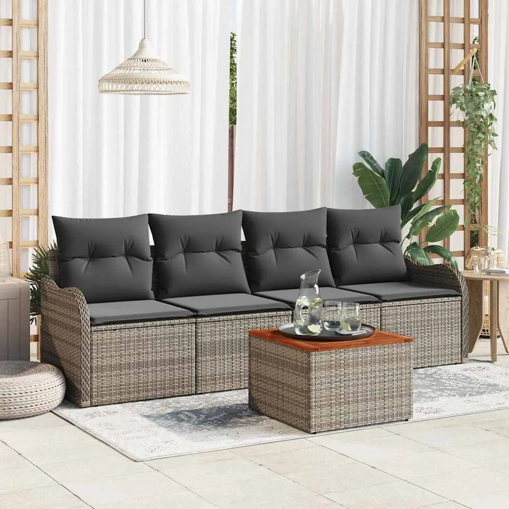 Conjunto de Sofá de Jardim de 5 Peças com Almofadas Cinza em Rattan Si
