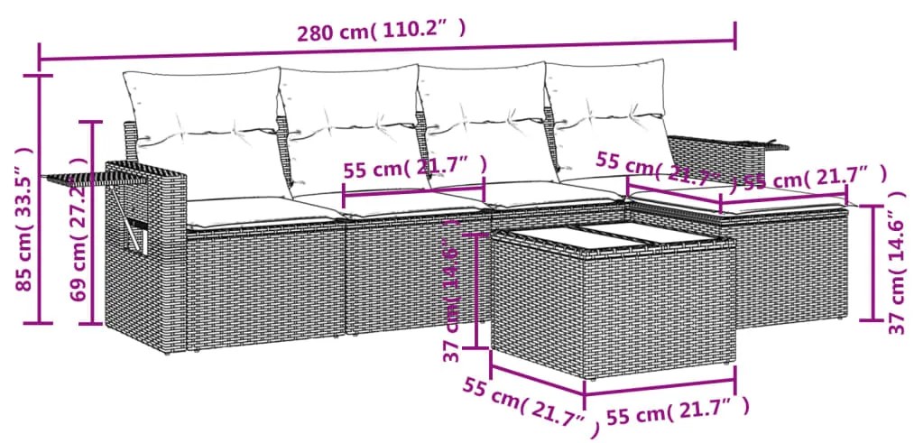 6 pcs conjunto de sofás jardim c/ almofadões vime PE castanho