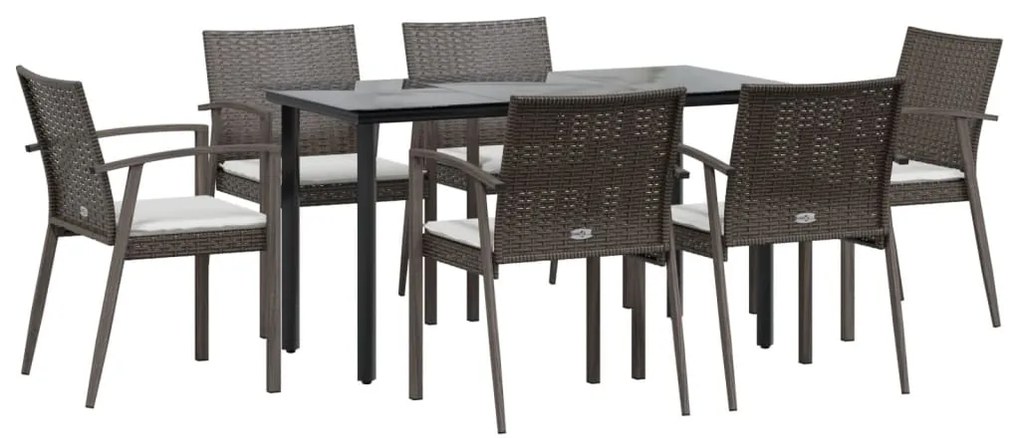 7 pcs conjunto de jantar p/ jardim c/ almofadões vime PE e aço