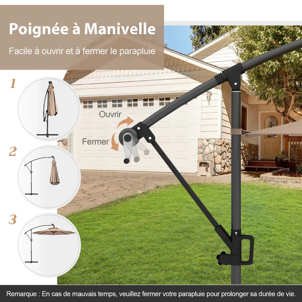 Guarda-sol de 300 cm com 32 luzes LED solares e guarda-chuva de jardim com manivela, guarda-chuva de mercado azul