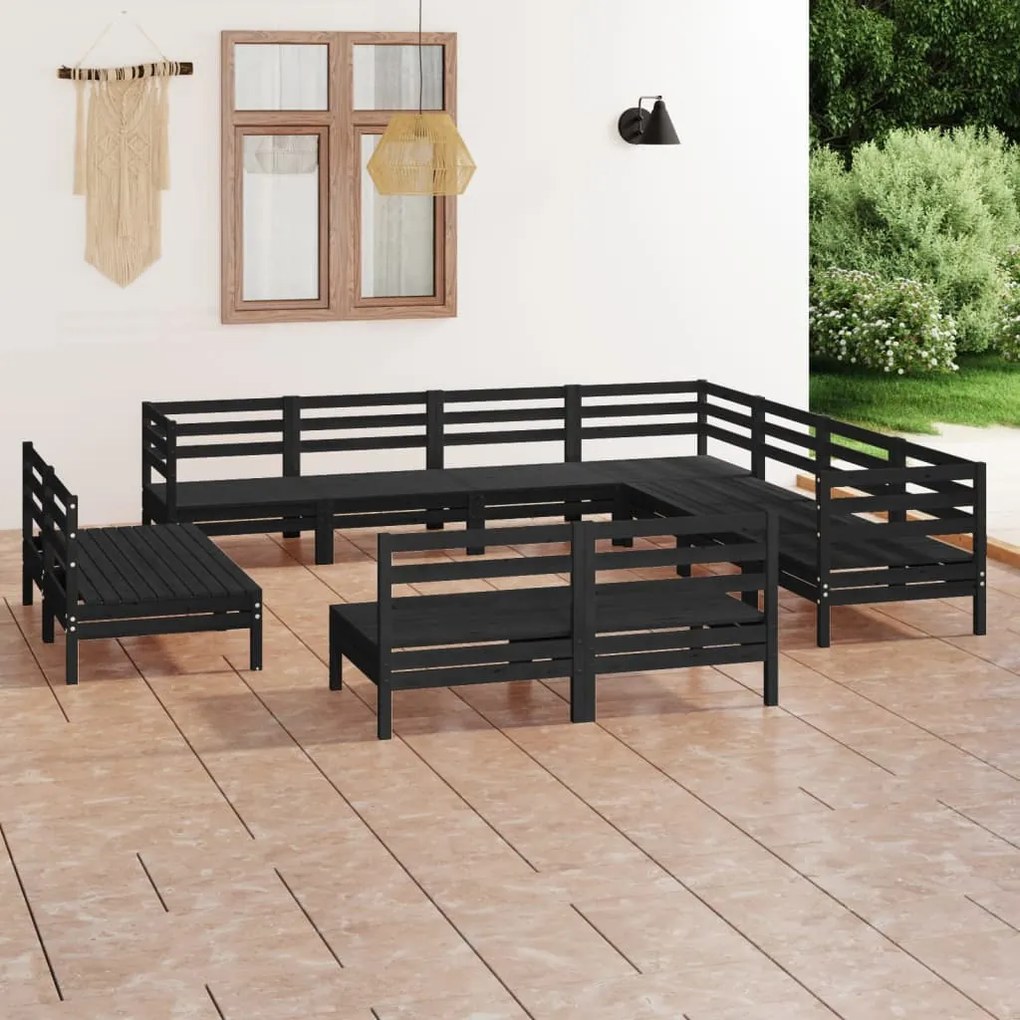 vidaXL 11 pcs conjunto lounge de jardim pinho maciço preto