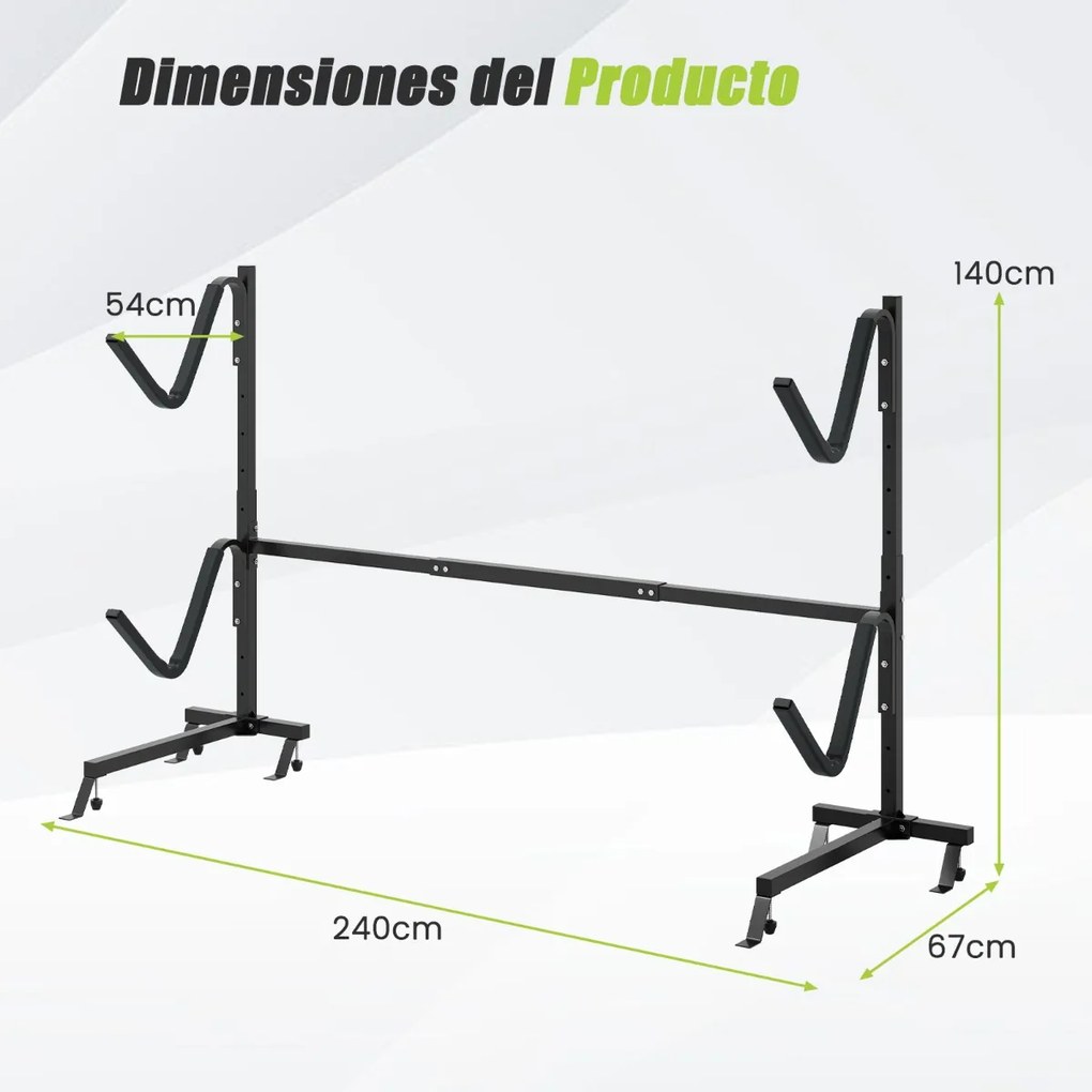 Suporte para caiaque Estante de metal para armazenamento de pranchas de surf ao ar livre Ganchos ajustáveis em 6 alturas Preto