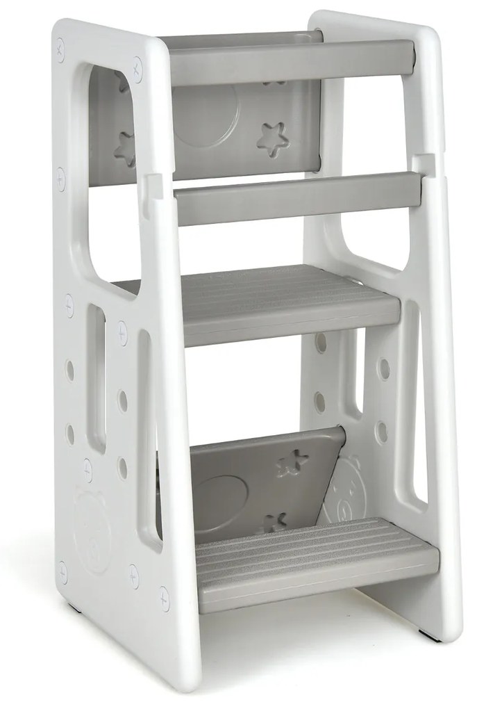 Banco Torre de aprendizagem de escada infantil com 3 alturas ajustáveis para crianças com dupla barreira de segurança cinzenta