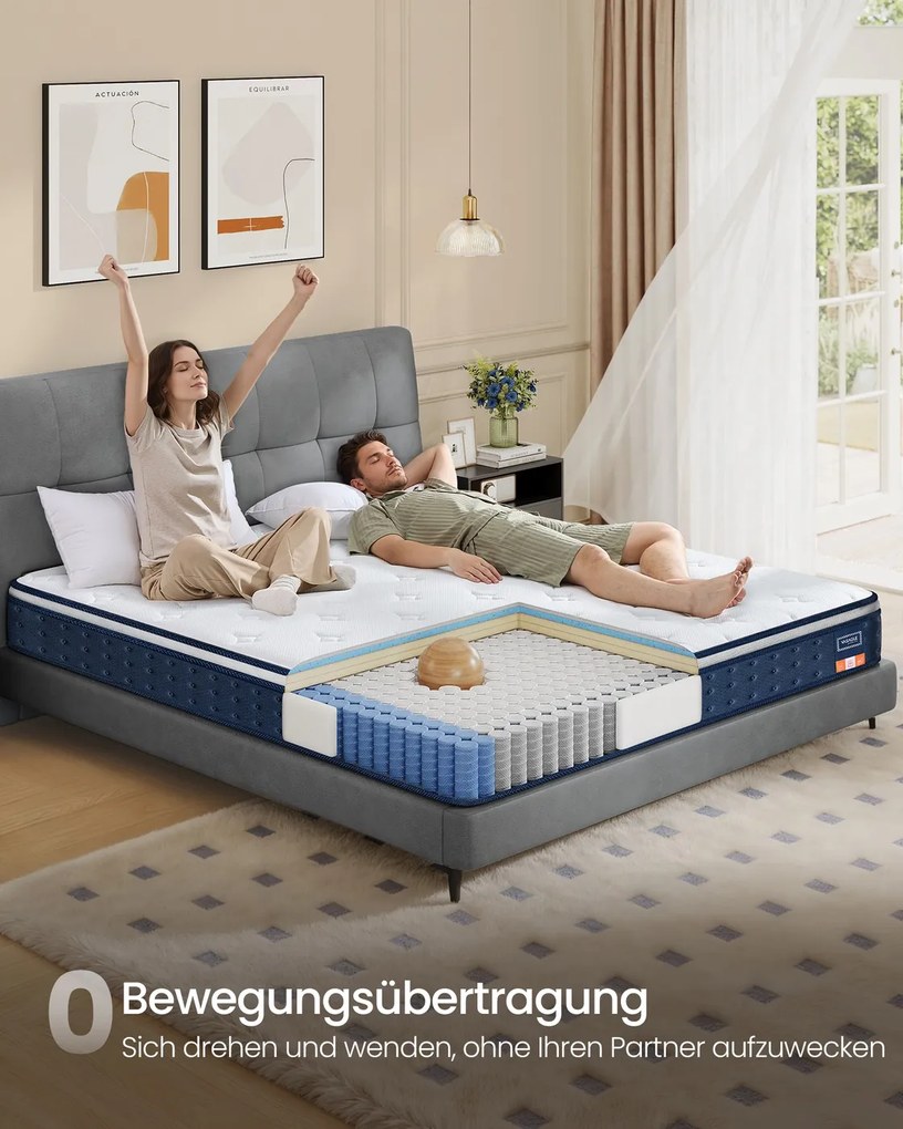 Colchão de molas ensacadas 200 x 90 x 25 cm com espuma viscoelástica de gel e conforto azul