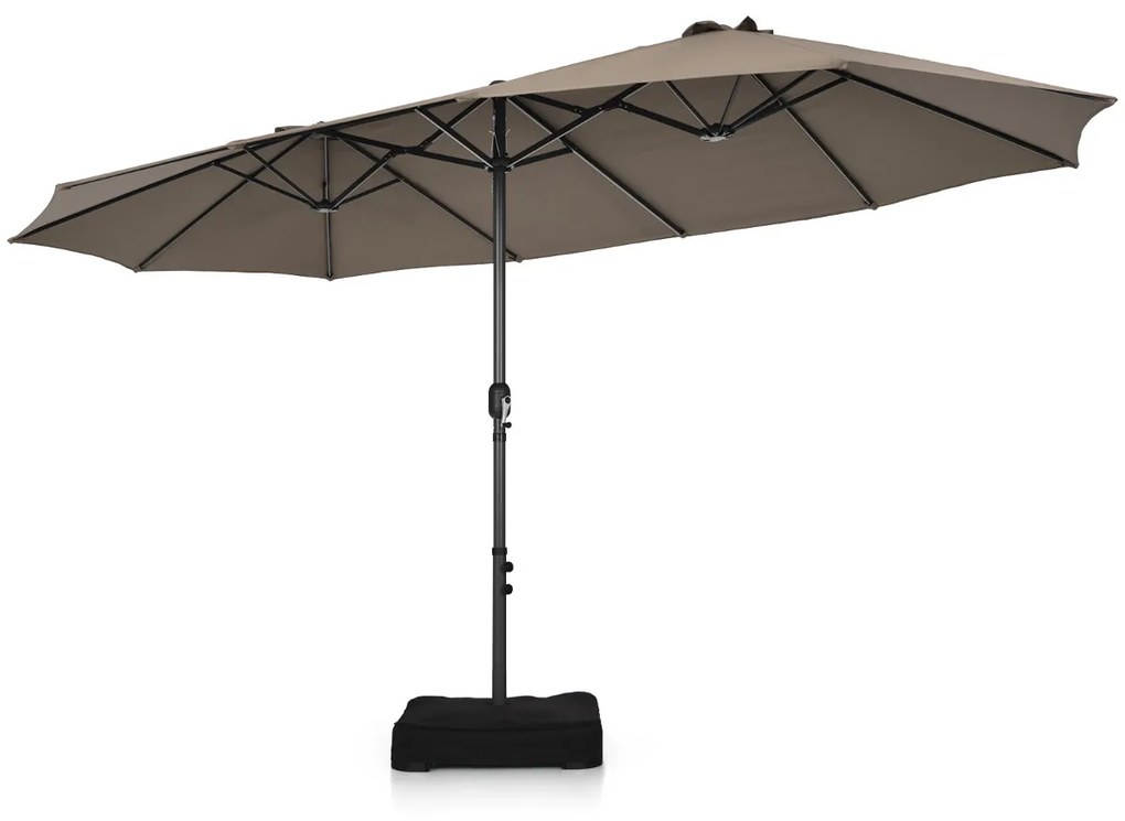 Guarda-sol duplo jardim 4,6 x 2,7 m com manivela e Base areia Estrutura com 12 varetas para jardim Café
