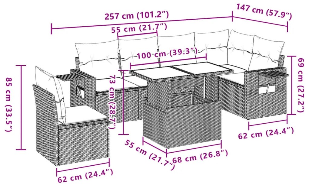 7 pcs conjunto de sofás p/ jardim com almofadões vime PE bege