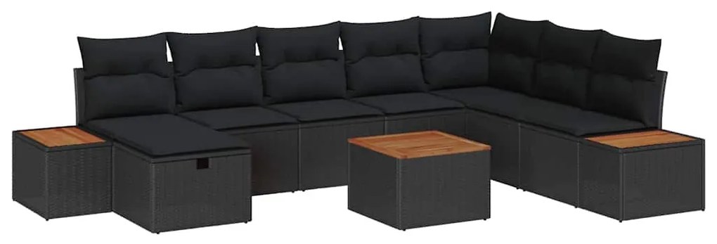 Conjunto de Sofá de Jardim de 9 Peças com Almofadas Pretas em Rattan e