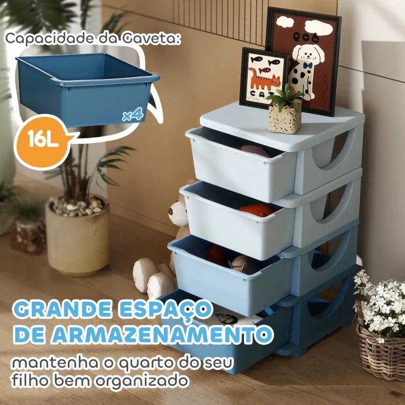 Organizador de Brinquedos 37x37x76 cm com 4 Gavetas Torre de Arrumação para Crianças +3 Anos Cantos Arredondados e Pegas Azul