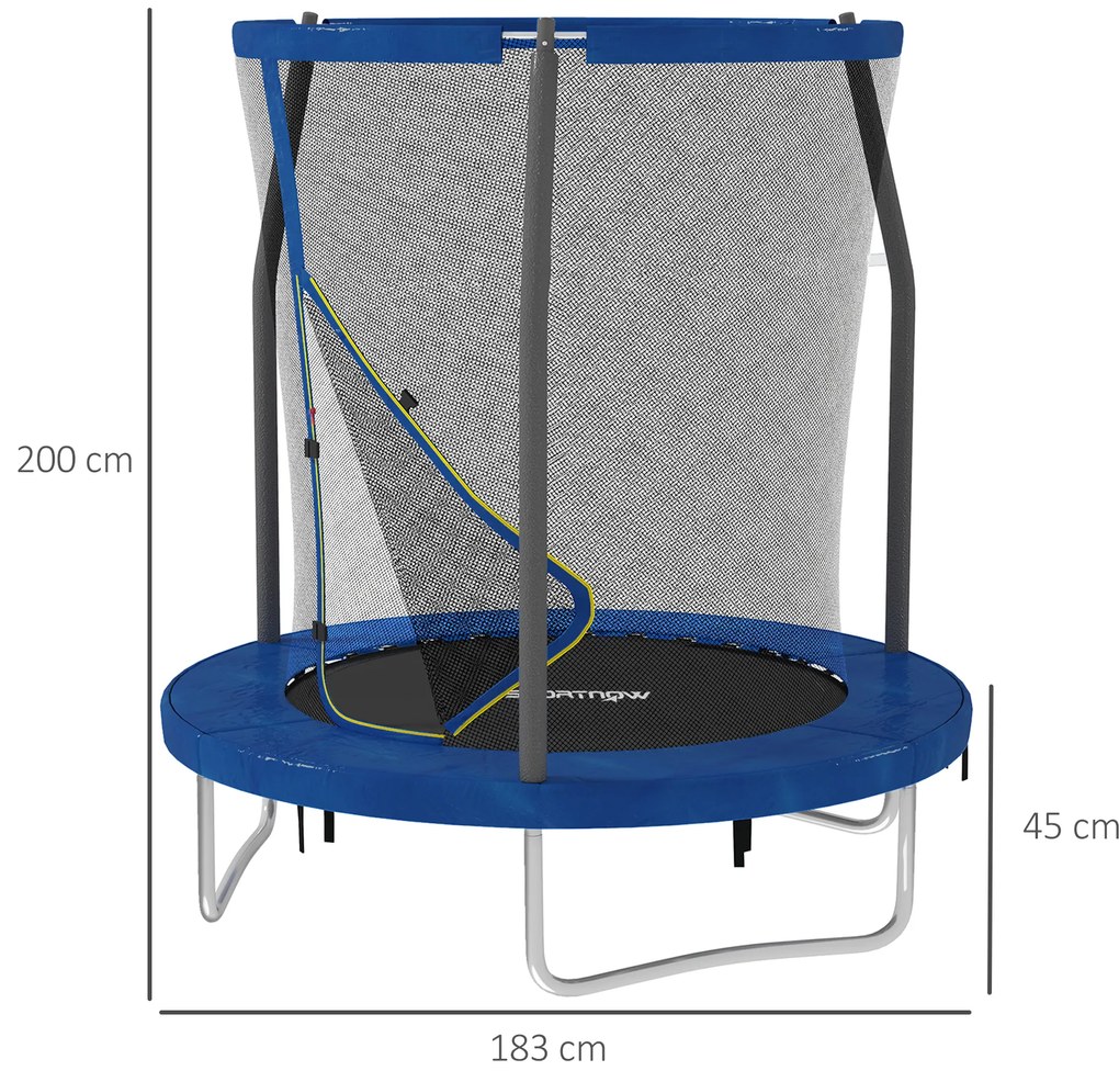 Trampolim Infantil Ø183 cm, para Crianças com Rede de Segurança Barras Acolchoadas Capa de Segurança e Estrutura de Aço Azul