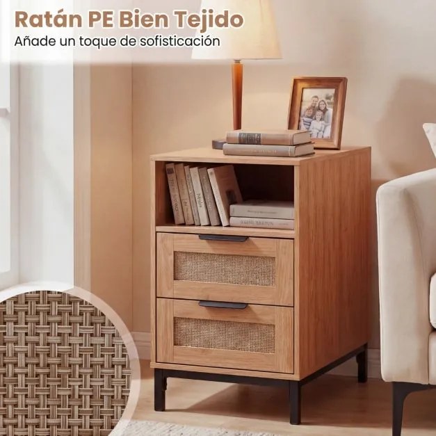 Conjunto de 2 mesas de cabeceira em rattan 60 x 35 x 61 cm com estação de carregamento e 2 gavetas estilo boho com armazenamento aberto natural e pret