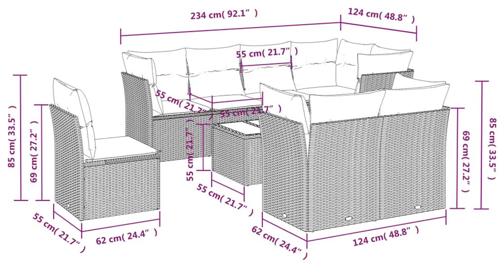 9 pcs conjunto sofás p/ jardim c/ almofadões vime PE castanho