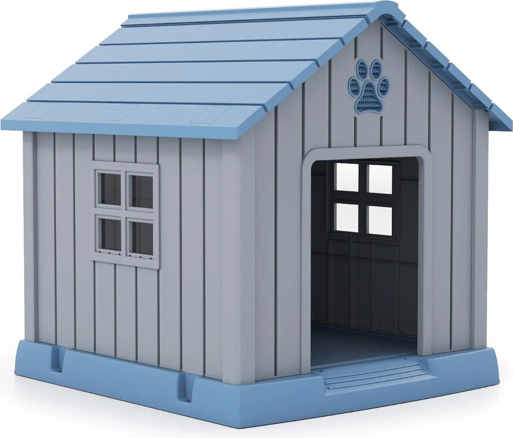 Casota de plástico para cães 76 x 83 x 83 cm impermeável e isolada com ventilação, piso elevado para interior e exterior, azul + cinza