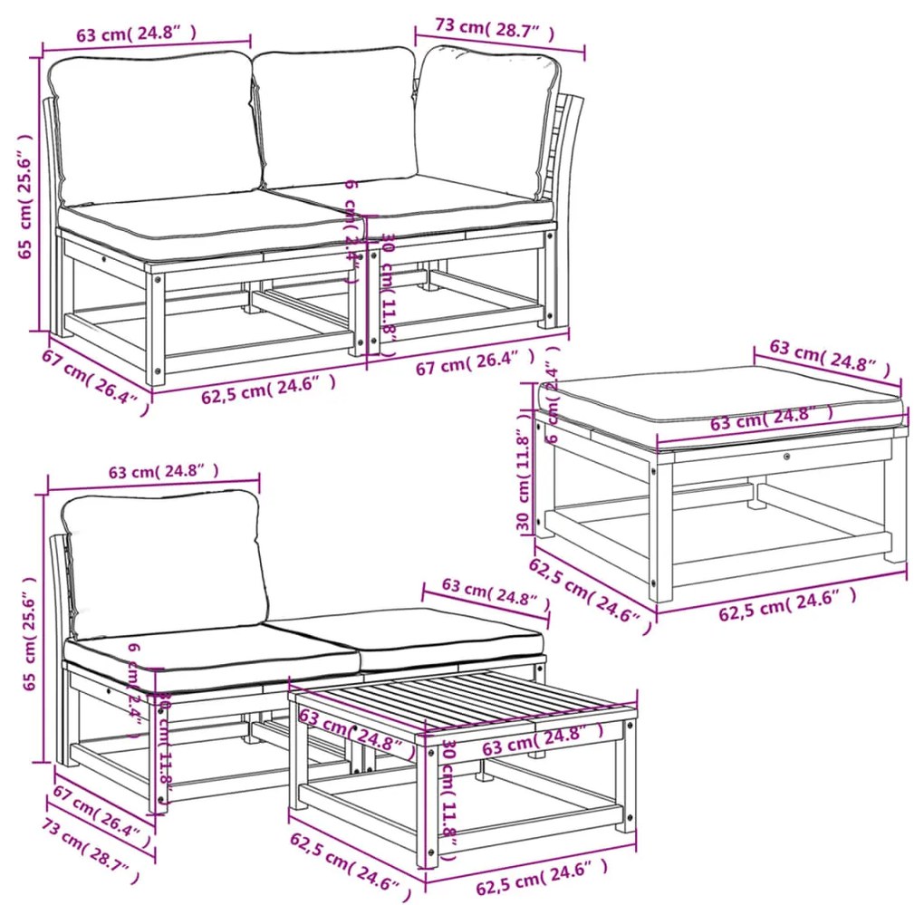6 pcs conjunto lounge jardim c/almofadões madeira maciça acácia