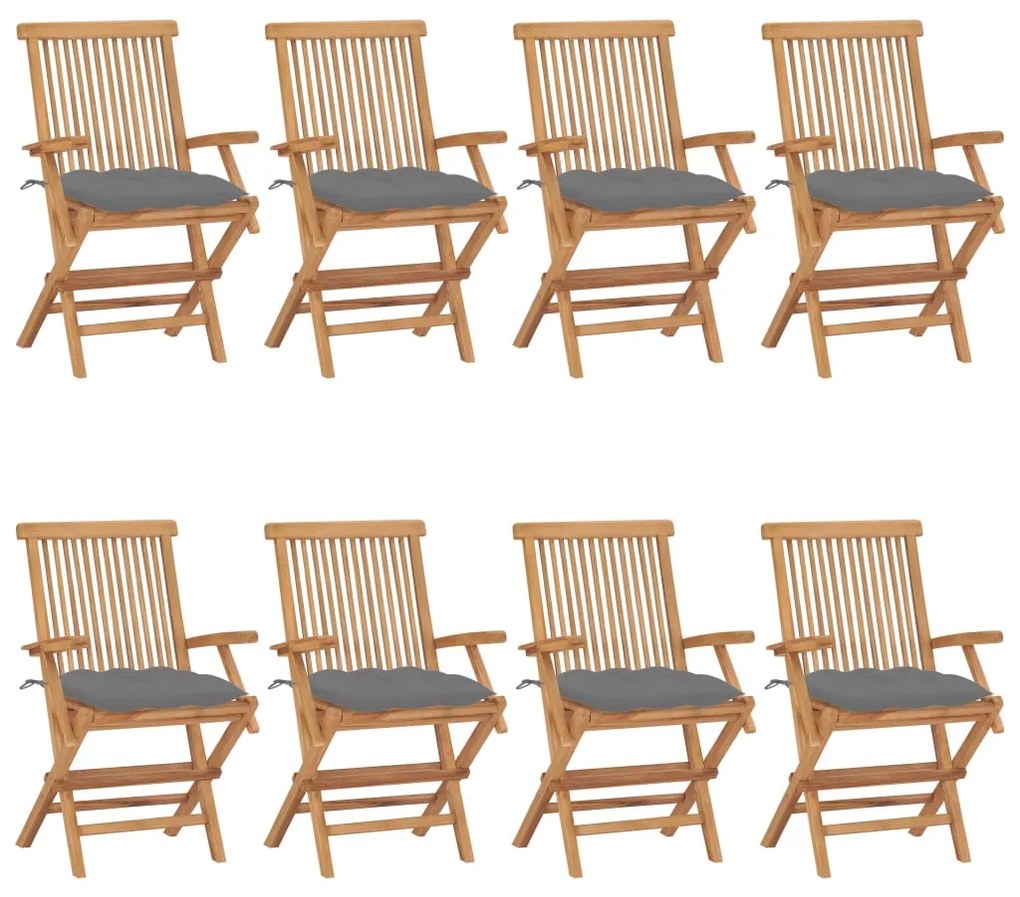 vidaXL Cadeiras de jardim c/ almofadões cinzentos 8 pcs teca maciça