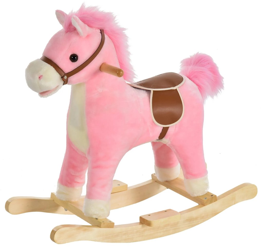 HOMCOM Cavalo Baloiço para Crianças Cavalo Baloiço de Pelúcia Suave com Música Relinchos Sons de Galope Boca e Cauda Móveis 65x32,5x61 cm Rosa