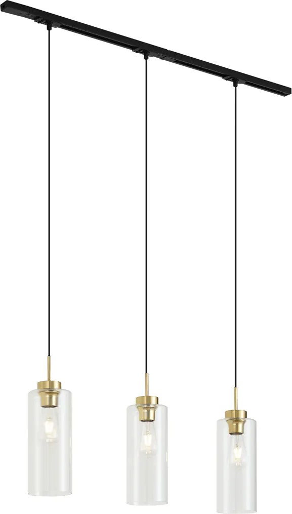 Sistema de Calhas Moderno Preto com 3 Candeeiros Pendentes Dourado com Vidro Transparente Monofásico - Iconic Laura