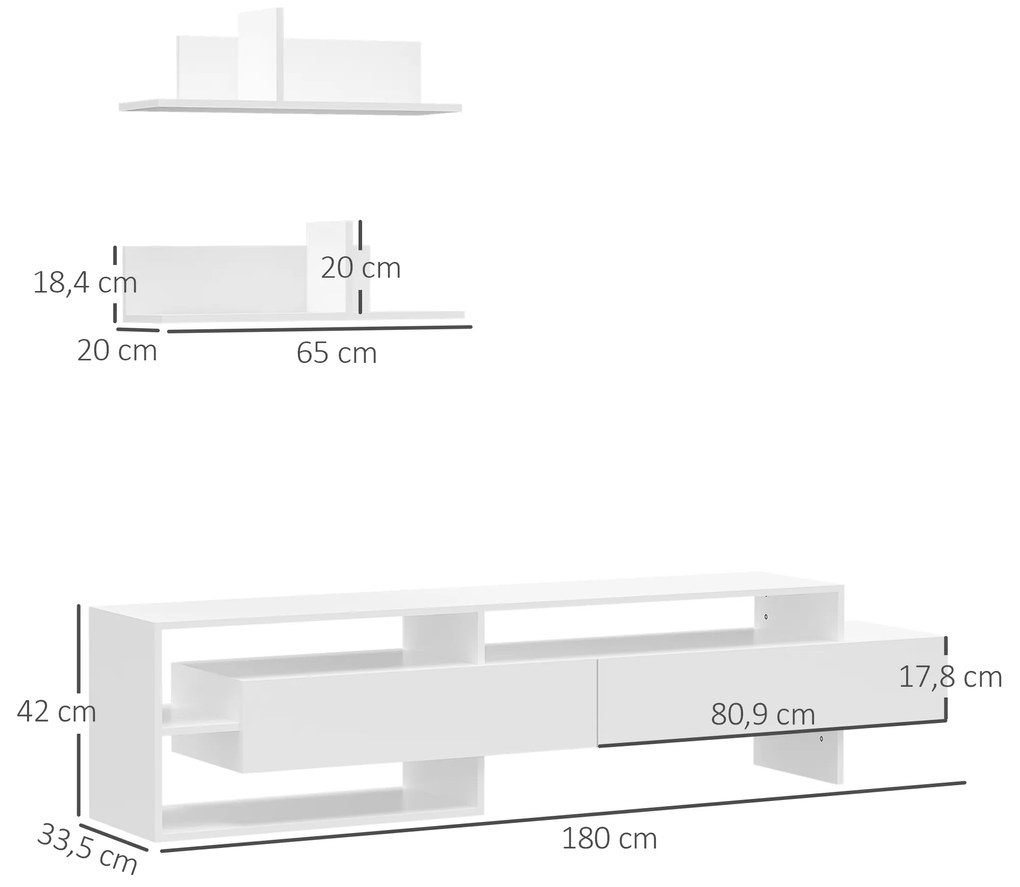 HOMCOM Móvel de TV para Sala de Estar Móvel para Televisor 180x33,5x42cm e 2 Prateleiras de Parede 65x20x20cm Branco