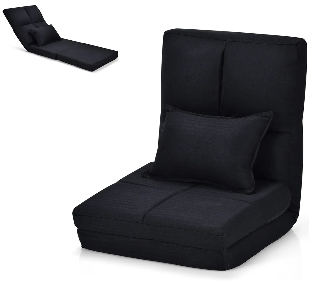 Sofá Dobrável de Cadeirinha de Luxo Ajustável em 6 Posições com Almofada Macia 176 x 64 x 15 cm  Preto