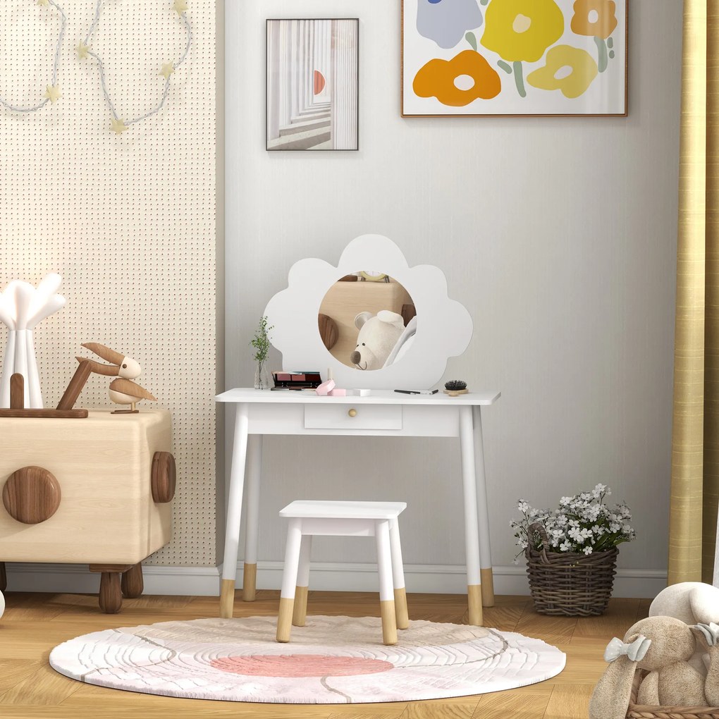 Conjunto de Toucador e Banco para Criança, 70 x 34 x 95 cm, Espelho em Forma de Nuvem, Branco