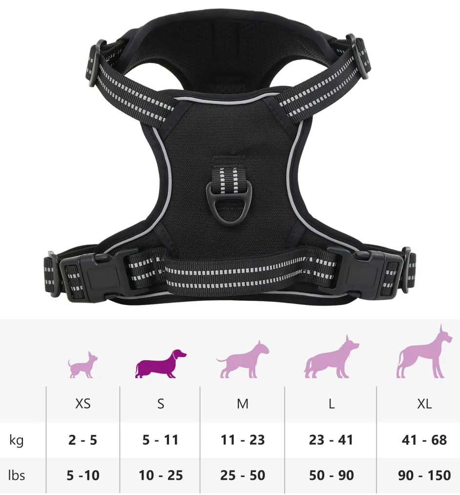 Peitoral para cães com faixas refletoras ajustável S preto