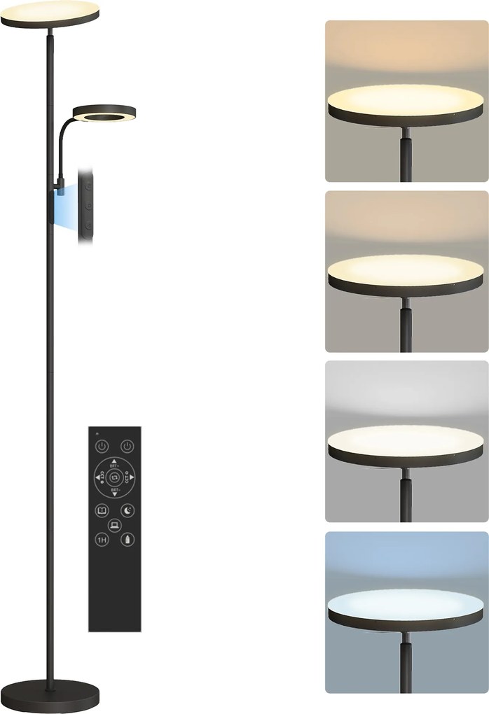 Candeeiro de pé LED de 42 W com regulação de intensidade, 2700 K-6500 K, variação contínua de 4 cores, 4 modos de cena, comando à distância e controlo