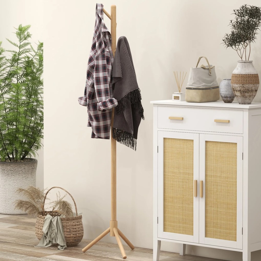 Cabide de Pé de Madeira com 8 Ganchos para Pendurar Roupa e Bolsas Forma de Árvore para Corredor Entrada 40x40x165 cm Natural