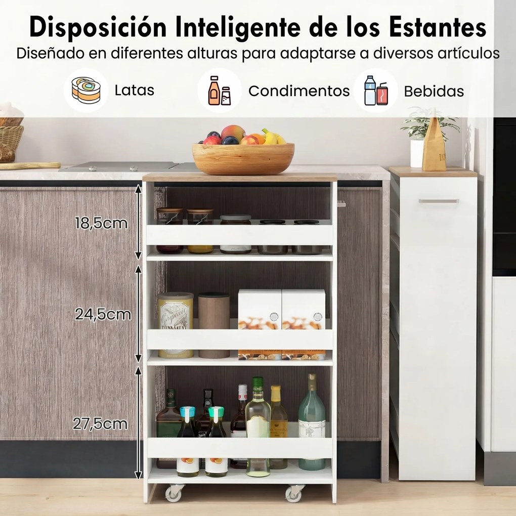Carrinho de Arrumação Estreito para Cozinha, 47,5 x 20 x 80,5 cm, 4 Níveis, Carvalho+Branco