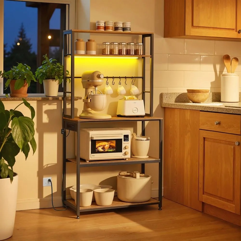 Armário de cozinha com iluminação LED 40 x 80 x 168,4 cm, com tomadas e prateleiras ajustáveis castanho-preto