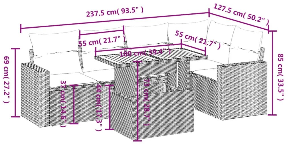 6 pcs conjunto sofás de jardim c/ almofadões vime PE preto