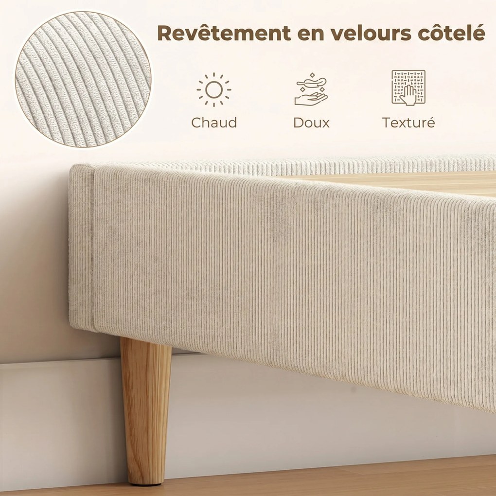 Estrutura de Cama de Casal, 191 x 142 x 31 cm (COLCHÃO NÃO INCLUIDO), Estofada em Veludo Cotelê, Creme